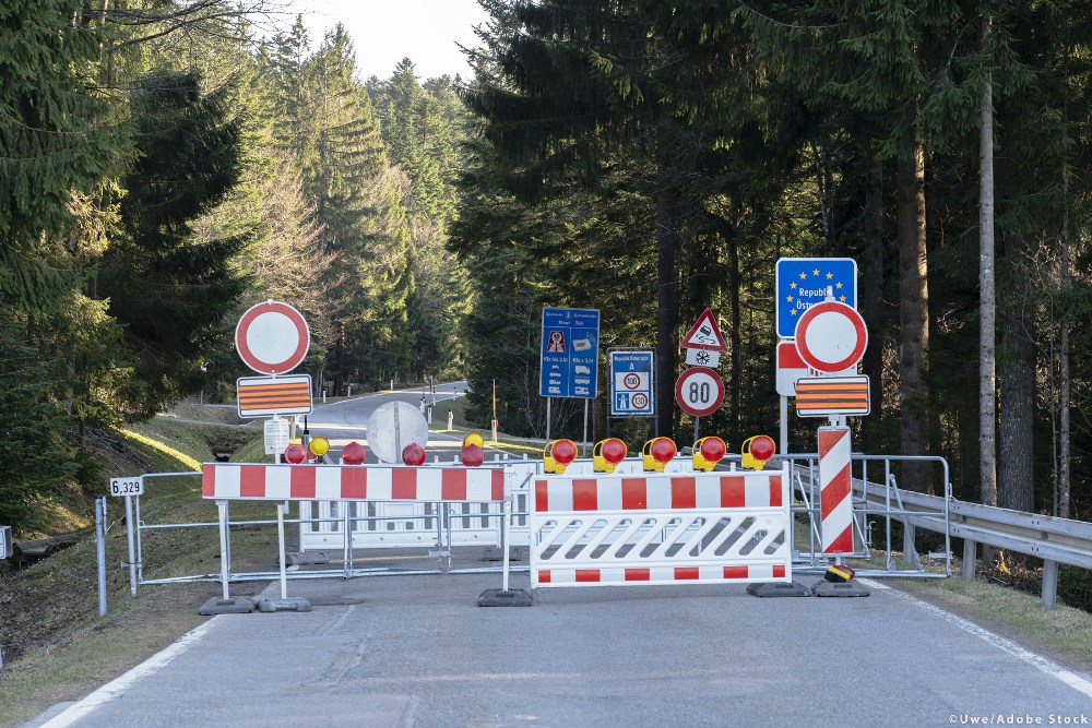 Sulzberg, Vorarlberg/ Austria - 04-08-2020, even country roads, leading from Germany to Austria are closed at the border line due Corona safety measures