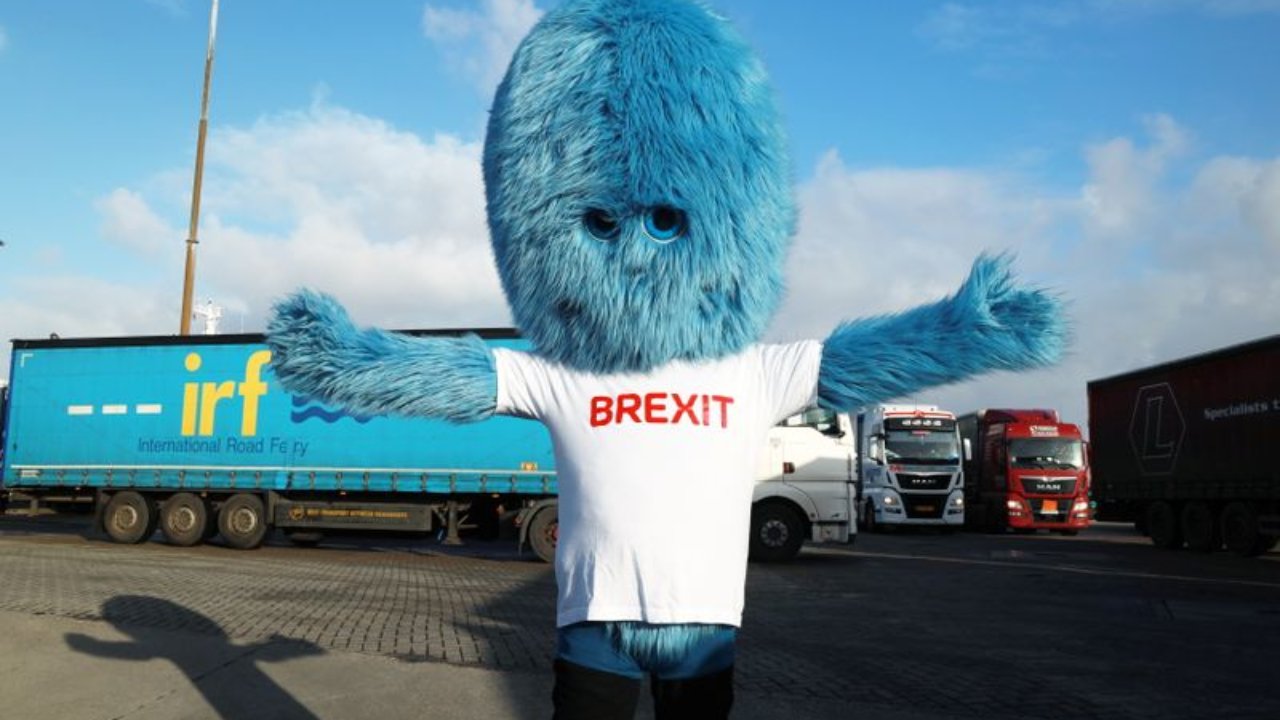 A blue furry monster known as the 'Brexit Monster' makes an appearance in the port of Rotterdam, Netherlands December 1, 2020.  REUTERS/Bart Biesemans